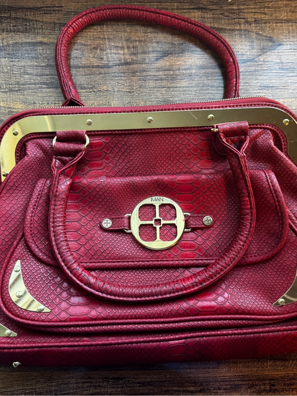 IMAN Global Chic Red Snakeskin Embossed Satchel Handbag Gold Hardware New